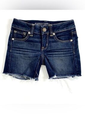 American Eagle | Dark-Wash Denim Stretch Low-Rise Raw-Hem Jean Shorts Sz 00
